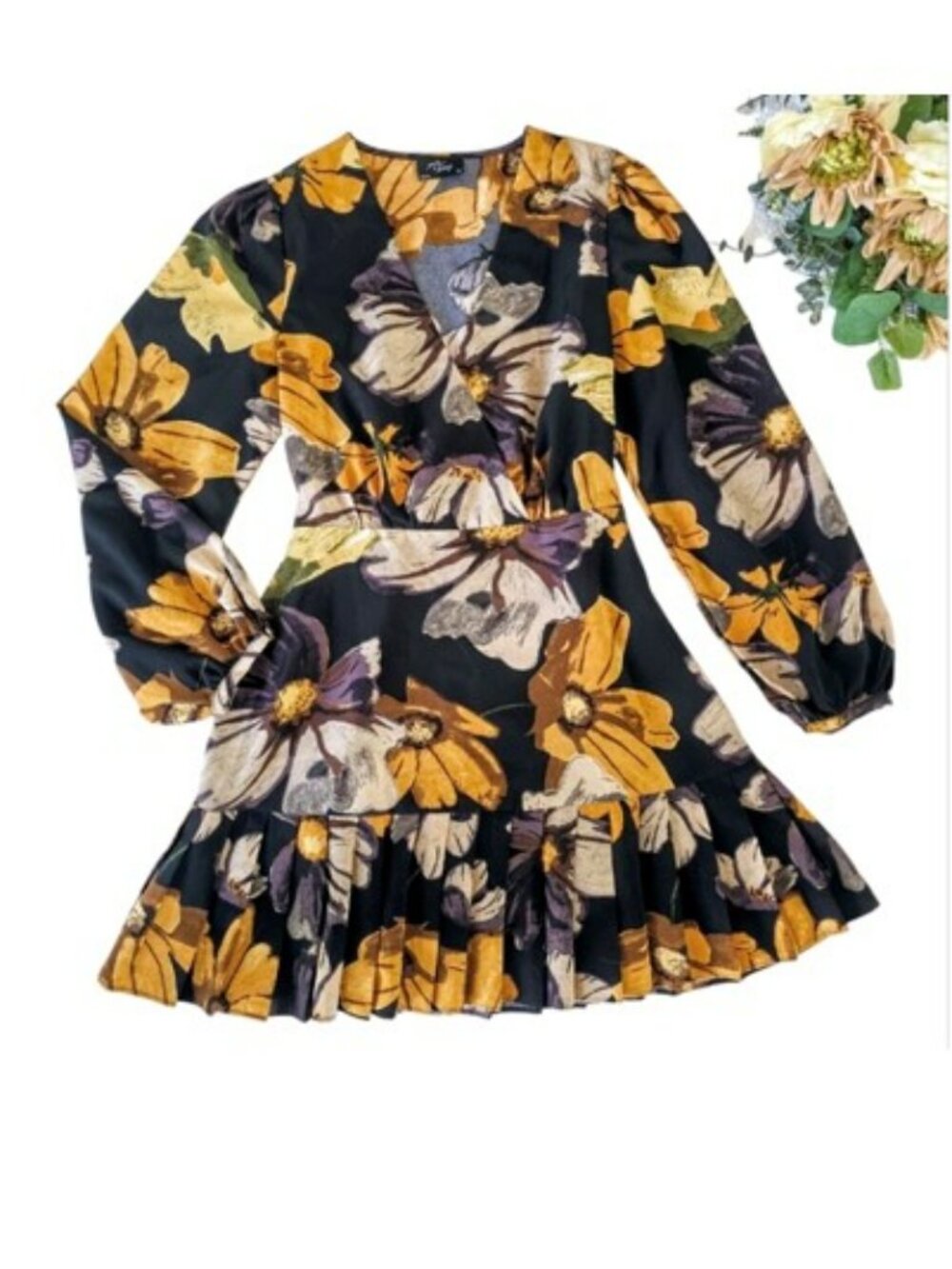 Women’s Mini Floral Long Sleeve Pleated Tier Mini Dress Size Small Black Yellow